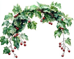 Decorative holly wreath, festive design, artistic botanical illustration, use for holiday decor or background image