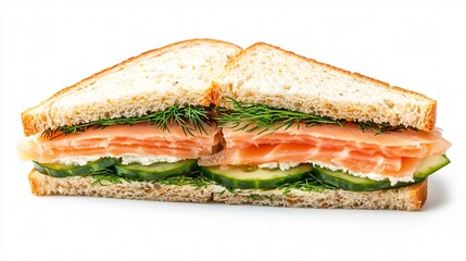 A perfectly arranged smoked salmon and cucumber tea sandwich, with thinly sliced salmon, fresh dill, and a hint of cream cheese, isolated on a white background