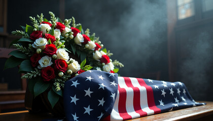 Obraz premium Floral tribute on American flag-draped casket in somber setting