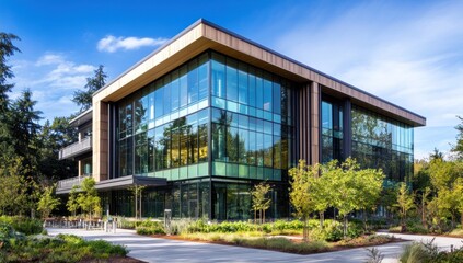 Fototapeta premium Modern glass and wood office building on a sunny day.