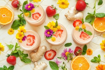 Top view of four glasses of strawberry ginger smoothie garnished with flowers and fresh fruit.
