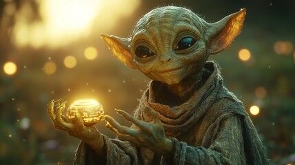 Fototapeta premium A peaceful alien with a gentle smile, reaching out to touch a strange, glowing artifact, surrounded by a calm, glowing sky