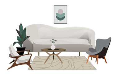 Living room interior. Comfortable sofa with pillow, coffee table, house plant, lamp, vase. Vector realistic illustration isolated on transparent background.