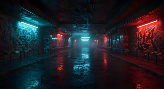 Cyberpunk underpass neon graffiti wet concrete dark moody atmospheric dystopian urban