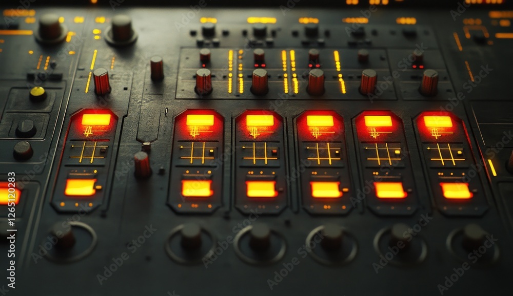 Aufkleber close-up of a futuristic control panel with glowing orange buttons and knobs.
