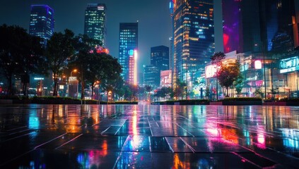 Obraz premium Night cityscape reflecting in wet pavement; vibrant lights, skyscrapers, and trees.