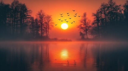 Misty sunrise over lake, birds flying, trees reflected, peaceful scene, nature wallpaper