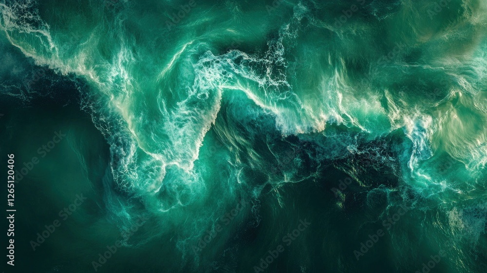 Poster aerial view of swirling green ocean water, creating abstract patterns and textures.