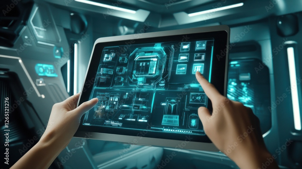 Poster futuristic technology interface on tablet display for advanced operations