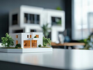 A modern architectural model of a house is displayed on a table, with greenery surrounding it and a blurred background featuring contemporary design elements.