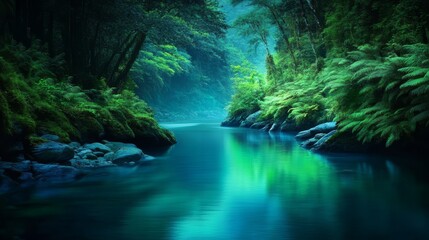 Fototapeta premium Serene river flowing through lush green forest with misty ambiance and tranquil reflections