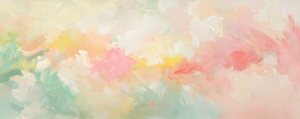 Fototapeta premium delicate pastel-colored abstract painting with soft pink, yellow, and turquoise hues blended together to form a dreamy and artistic composition.