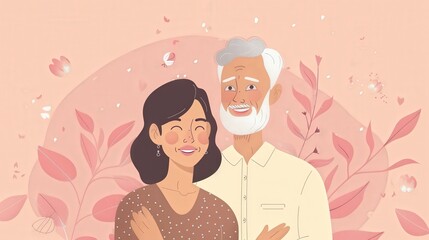 Elderly Couple Shares a Joyful Moment With Warm Smiles Against a Soft Pastel Pink Background. Generative AI