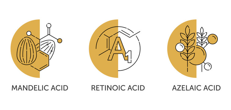 Mandelic, Retinoic, Azelaic acid - icons set set for labeling in thin line