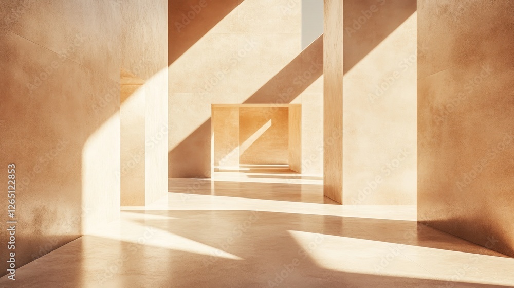 Poster sunlight streams through a minimalist beige interior, creating geometric shadows on the floor and wa