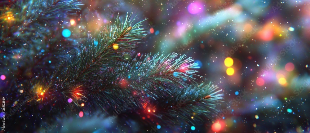 Poster close-up of a decorated christmas tree branch with colorful lights and bokeh effect.