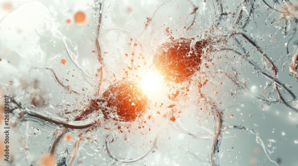 Poster abstract microscopic image of cell division, showing two cells splitting apart with radiating energy