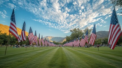 A national park covered in American flags, families gathered for a Memorial Day picnic