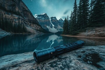 Night landscape photography of a lake and mountains with a flashlight resting on a rock.