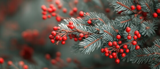 Close-up of red berries on evergreen branches.