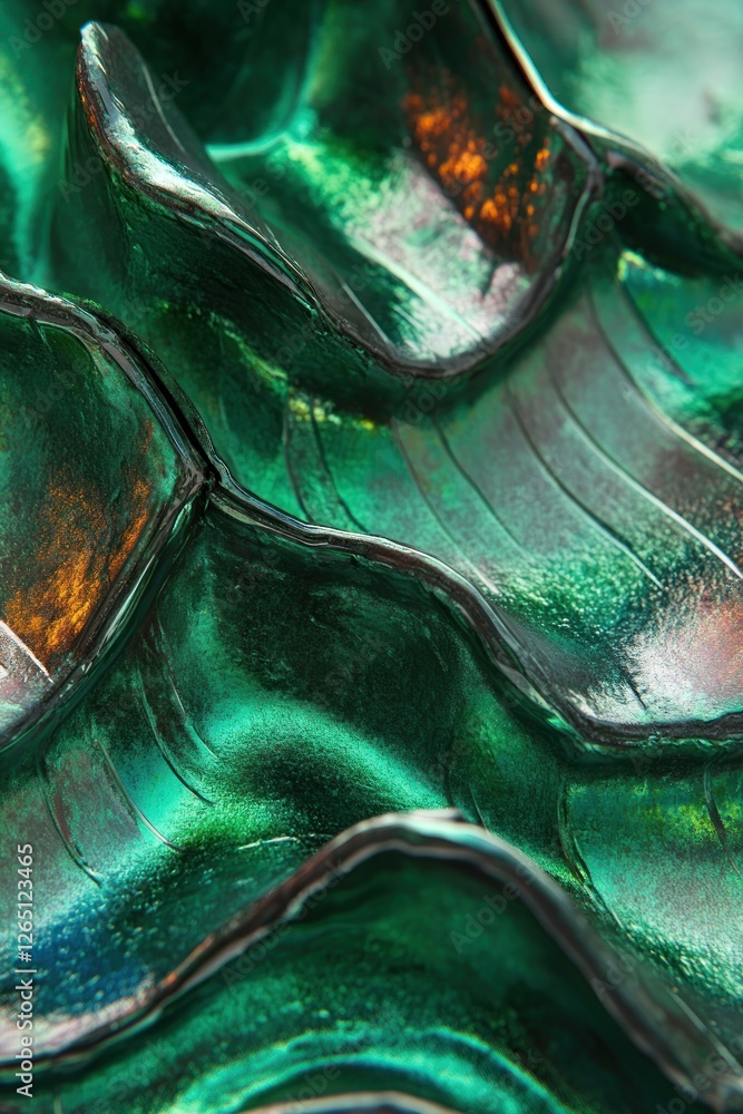 Poster abstract close-up of textured, green, metallic surface with wave-like patterns and iridescent highli