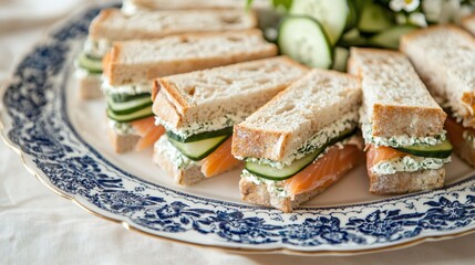A traditional European-inspired presentation of smoked salmon and cucumber tea sandwiches, arranged on a vintage blue-and-white ceramic plate, isolated on a soft cream background