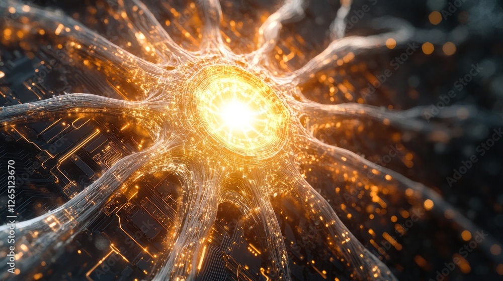 Poster glowing neural network core on circuit board.