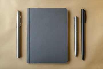 Gray notebook with two silver and one black pens on beige background.