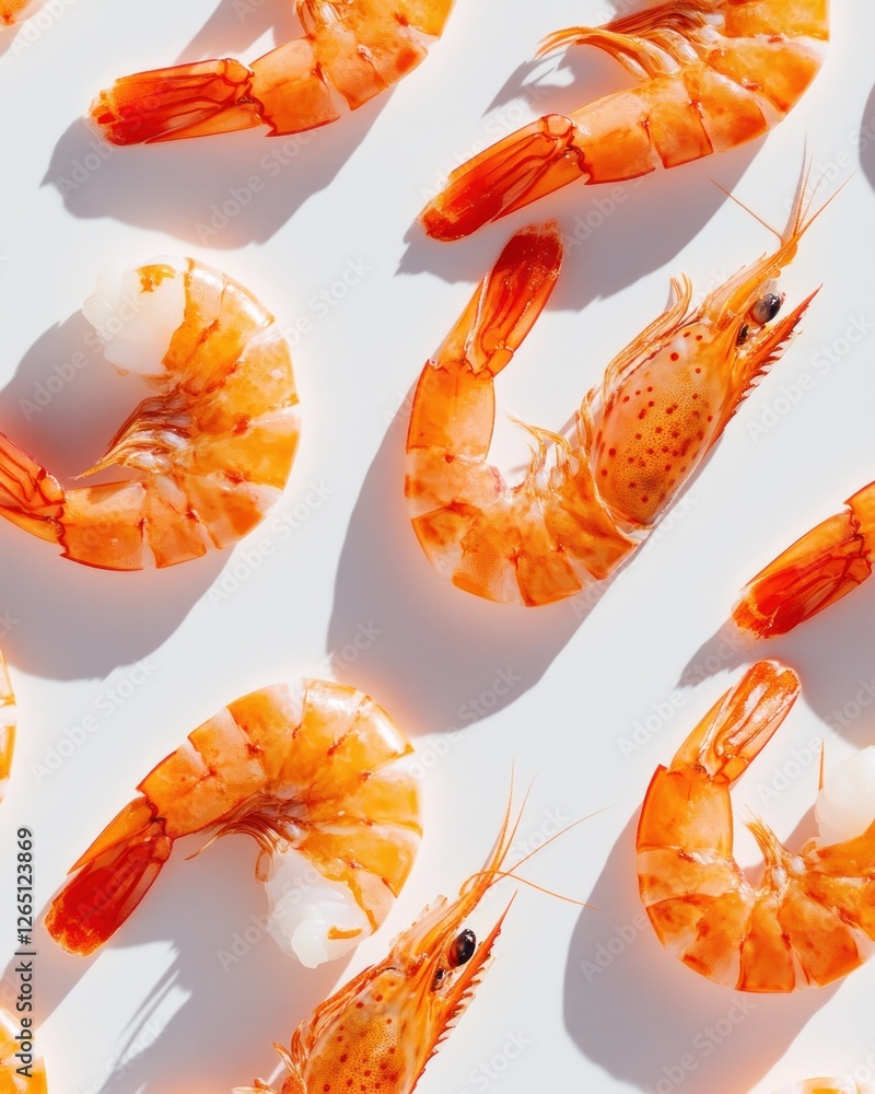 Poster cooked prawns arranged in a repeating pattern on a white background.