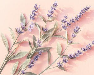 Flat lay of lavender and sage sprigs on a pink background.
