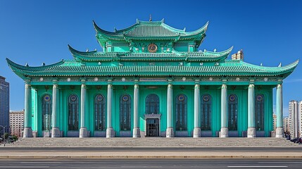 Obraz premium Teal Chinese temple facade, modern architecture, urban background, sunny day, architectural photography