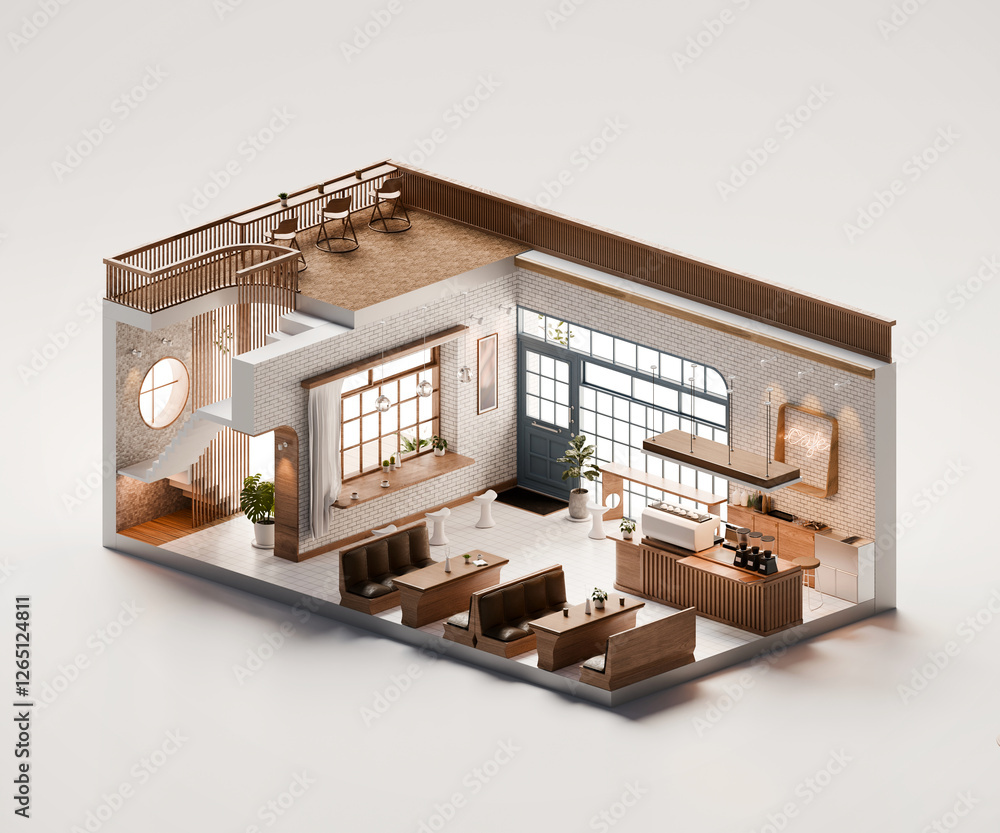 Poster isometric room minimal cafe store open inside interior architecture 3d rendering
