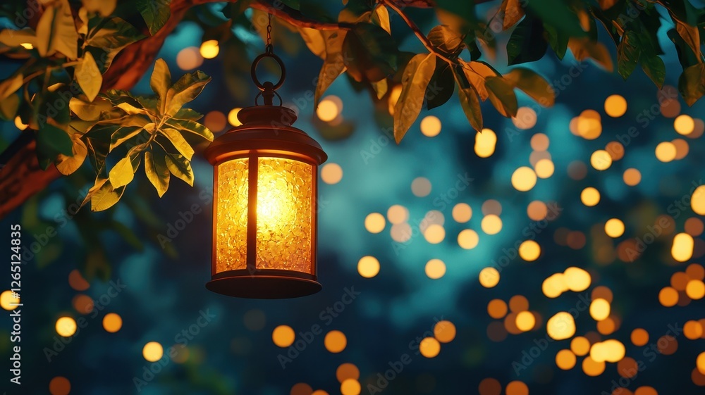 Poster illuminated lantern hanging from tree branch at night with bokeh lights