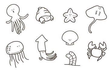海の生き物イラストセット線画