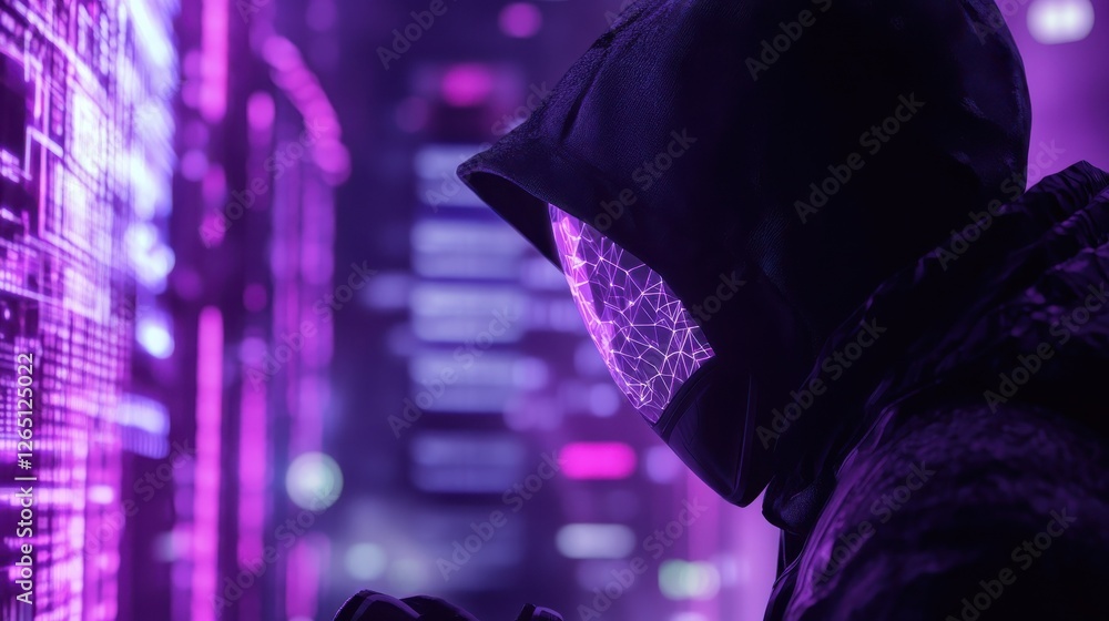 Poster hacker using abstract polygonal circles interface on blurry purple background. metaverse and future 