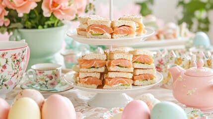 Obraz premium An Easter brunch setup featuring smoked salmon and cucumber tea sandwiches arranged alongside pastel-colored eggs and a floral tea set