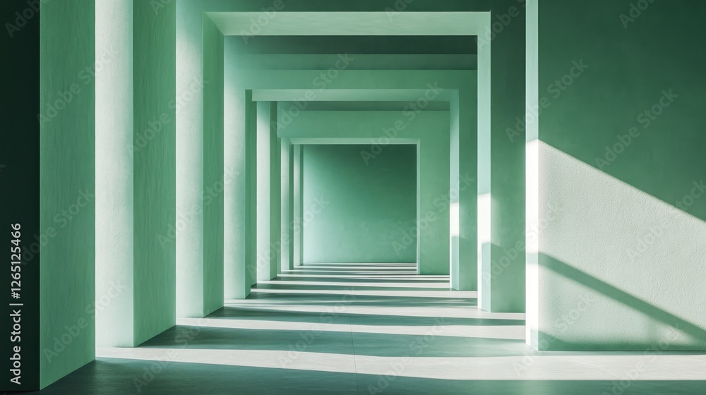 Poster abstract green hallway with light and shadow, creating a perspective illusion.