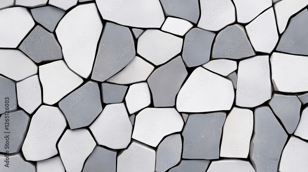 Poster close-up view of a textured mosaic pattern featuring various shapes and shades of gray stones