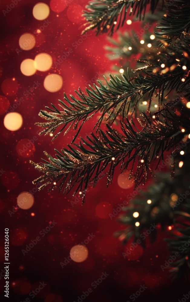 Poster close-up of a decorated evergreen branch with bokeh lights on a red background.