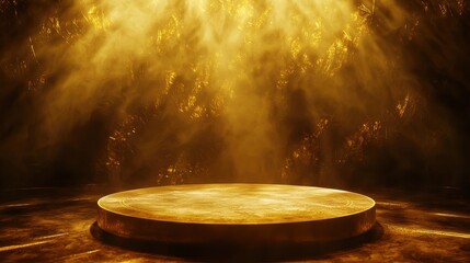 Obraz premium Mysterious glowing platform bathed in golden light within an ancient cave setting