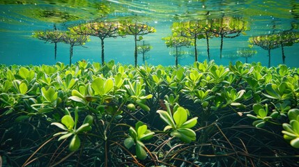 Exploring the Vibrant Underwater World of a Green Mangrove Forest Canopy for Natural Carbon Capture. 