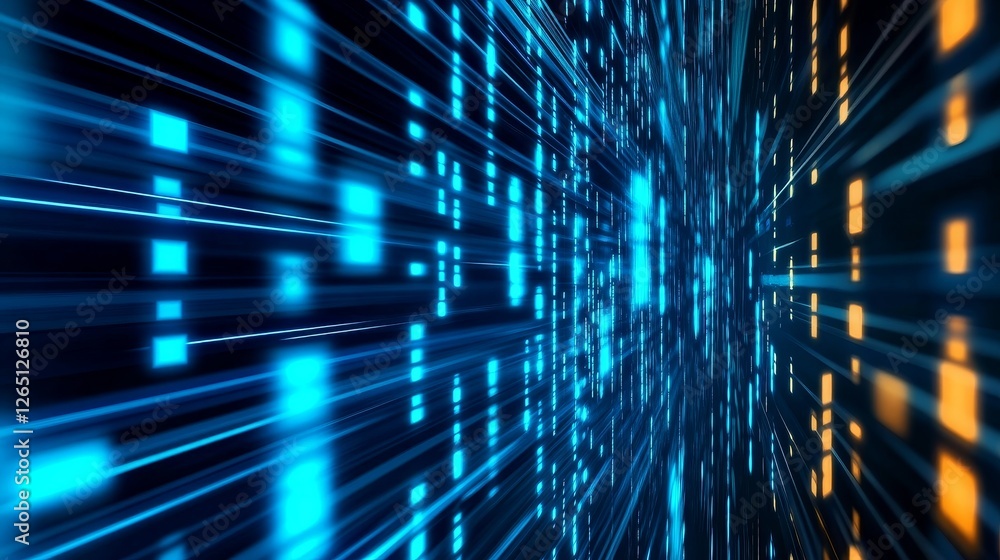 Poster abstract representation of digital data flow with vibrant blue and yellow light in motion