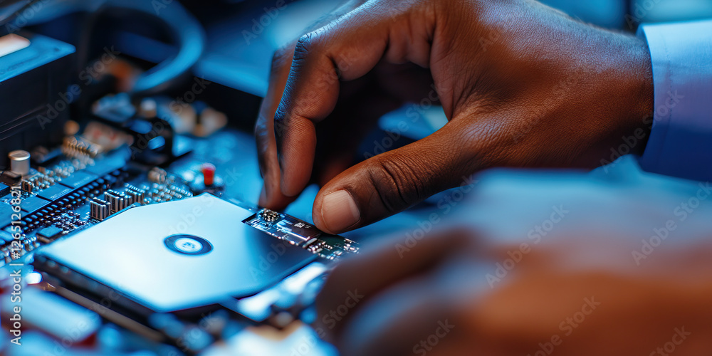 Poster hands installing computer component on circuit board