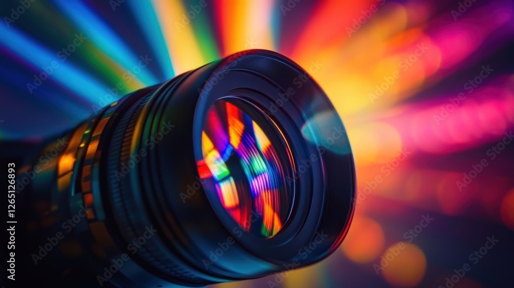 Poster camera lens reflecting vibrant bokeh lights, creating a stunning visual effect, ideal for representi
