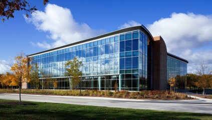 Obraz premium Modern glass office building on a sunny day with landscaping.
