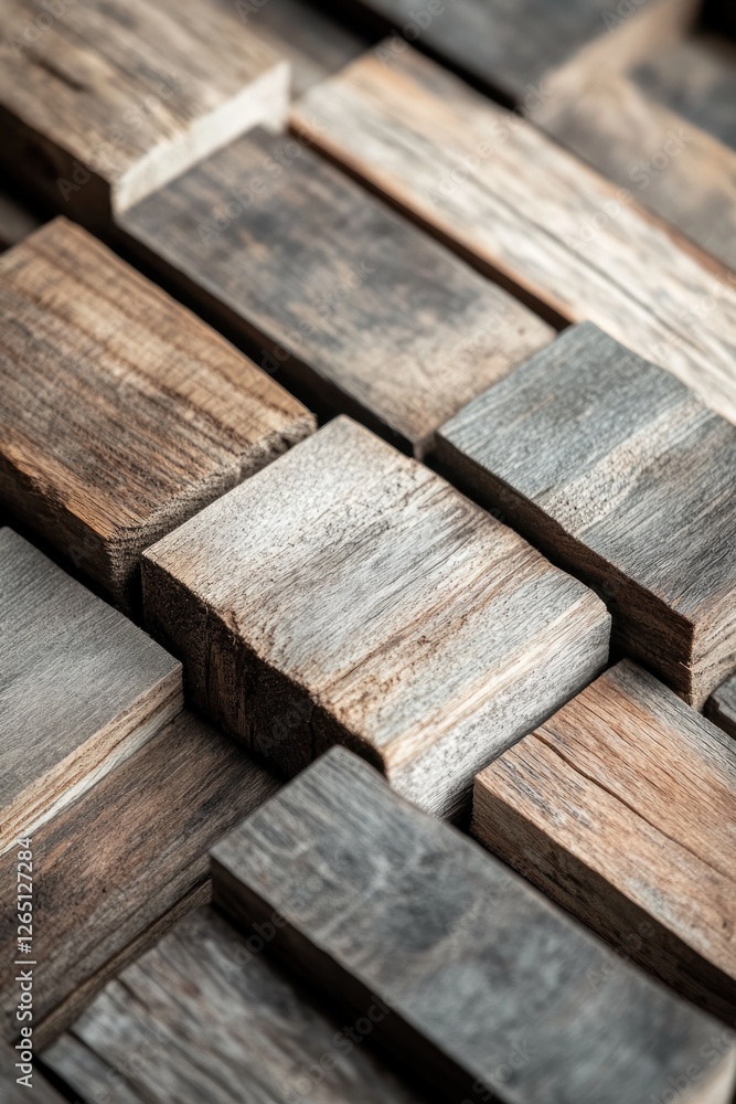 Poster close-up of rustic wood blocks arranged in an intricate pattern, showcasing various shades and textu