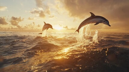 Fototapeta premium Couple of dolphins jumping in sea at sunset background