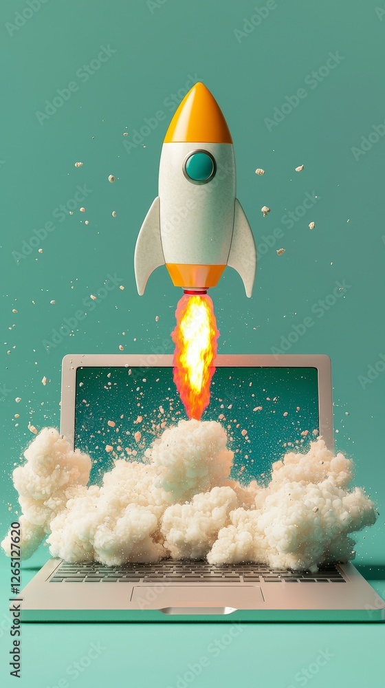 Poster a bold rocket bursts forth from a laptop with clouds exploding around it, symbolizing the infinite p