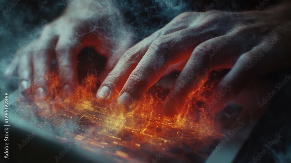 Poster close up of male hands using laptop at desktop with abstract digital cloud on blurry background. clo