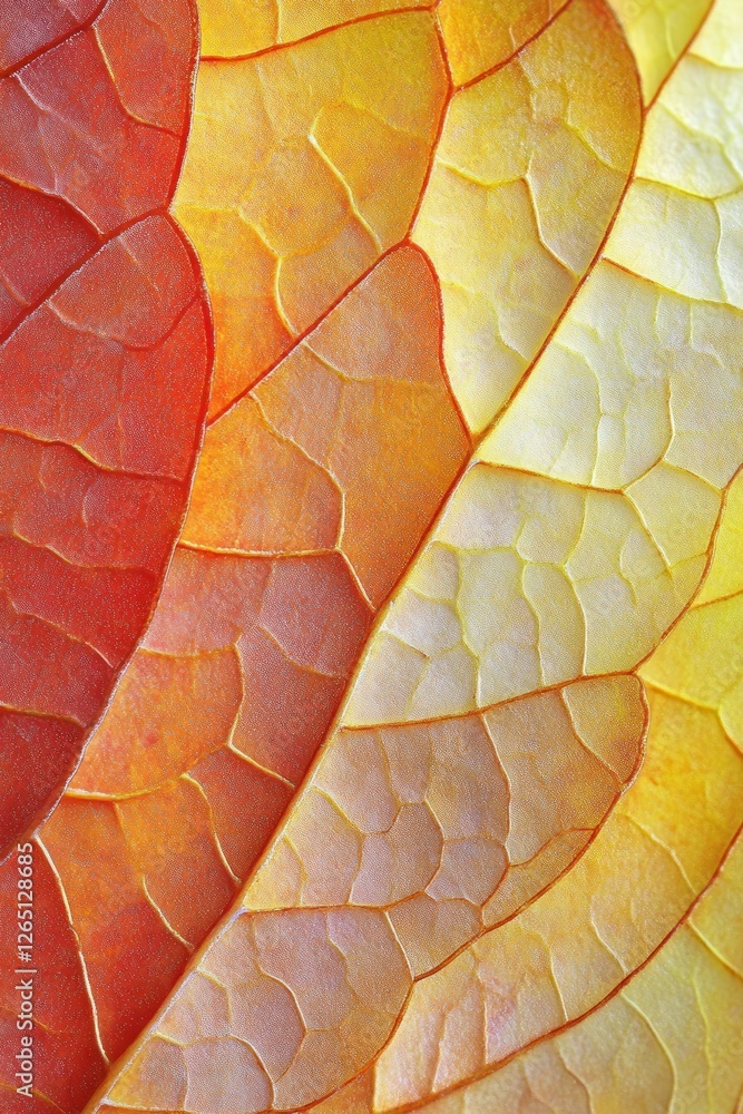 Poster close-up of two vibrant autumn leaves showcasing intricate vein patterns and color gradient from red